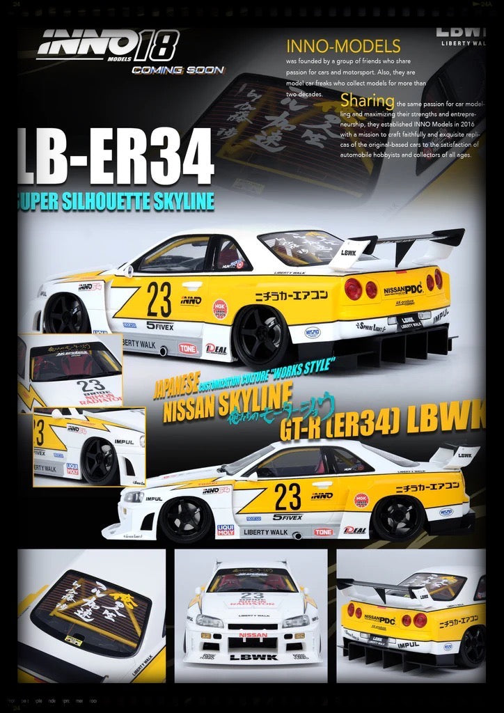 Load image into Gallery viewer, Nissan Skyline Liberty Walk ER34 Super Silhouette #23 INNO18 Models 1:18
