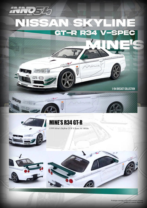 Nissan Skyline GT-R (R34) V-Spec Tuned by *Mine`s* Blanc/Vert INNO64 Models 1:64