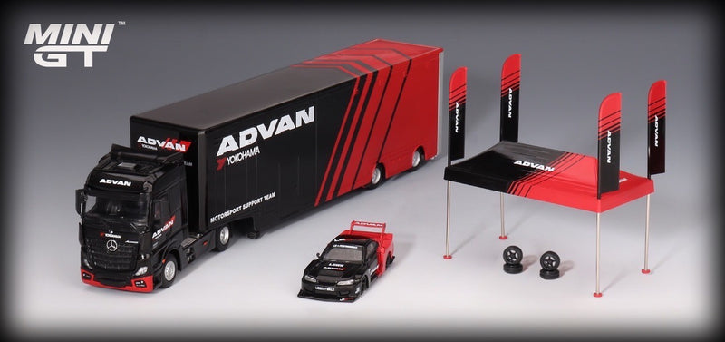 Load image into Gallery viewer, Advan Yokohama SET (Mercedes-Benz ACTROS W/ RACING TRANSPORTER 2023 - Nissan SILVIA S15 LB-SUPER SILHOUETTE BLACK 1999 - Paddock SERVICE TENT SET 2023) MINI GT 1:64
