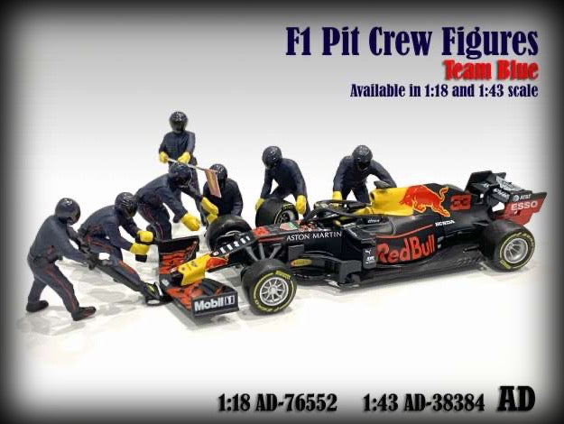 Load image into Gallery viewer, F1 Pit Crew Figures set #1, Team Blue-Purple 7 figures. (Car not included) AMERICAN DIORAMA 1:43
