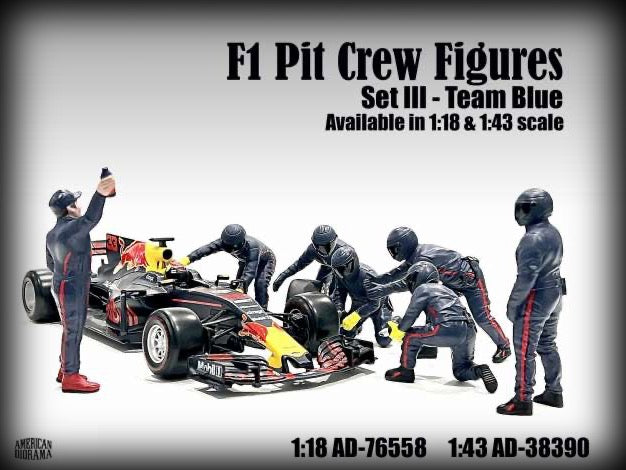 Load image into Gallery viewer, F1 Pit Crew Figures set #3, Team Blue-Purple 7 figures. (Car not included) AMERICAN DIORAMA 1:18
