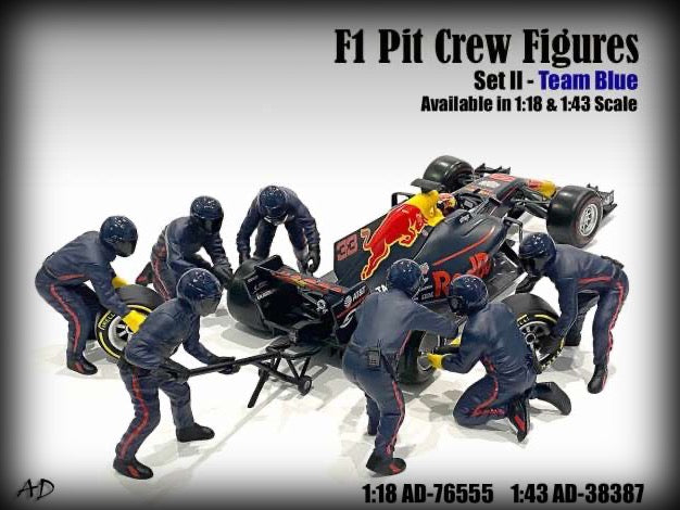 Load image into Gallery viewer, F1 Pit Crew Figures set #2 Team Blue-Purple 7 figures. (Car not included) AMERICAN DIORAMA 1:43
