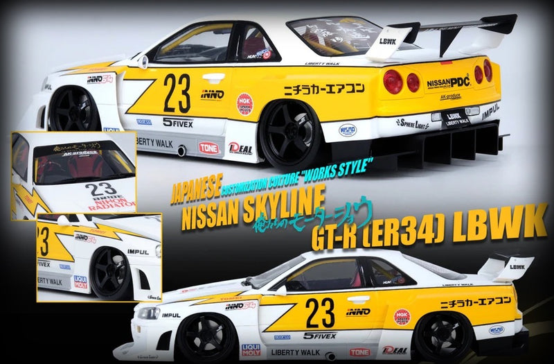 Laad de afbeelding in de Gallery-viewer, Nissan Skyline Liberty Walk ER34 Super Silhouette #23 INNO18 Models 1:18
