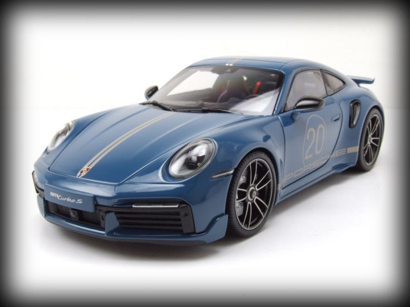 Chargez l&#39;image dans la visionneuse de la galerie, Porsche 911 (992) Turbo S coupé Sport Design 2021 Bleu MINICHAMPS 1:18
