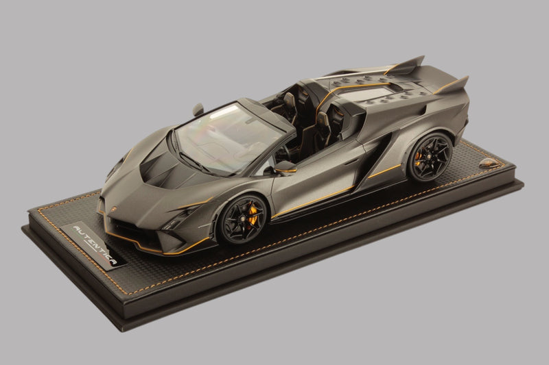 Laad de afbeelding in de Gallery-viewer, LAMBORGHINI AUTÉNTICA GRIJS/GEEL met vitrine en lederen base (LIMITED EDITION 399 stuks) MR COLLECTION MODELS 1:18
