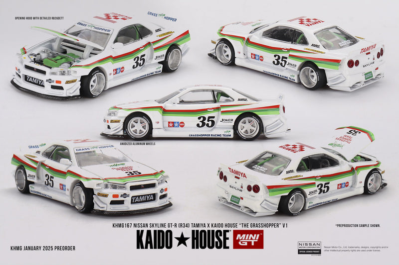 Load image into Gallery viewer, Nissan SKYLINE GT-R (R34) X TAMIYA &quot;THE GRASSHOPPER&quot; V1 1999 MINI GT 1:64
