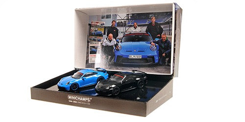 Laad de afbeelding in de Gallery-viewer, Porsche 911 (992) GT3 – 2021 - SET VOOR 2 AUTO&#39;S – BLAUW/ZWART - LIMITED EDITION - MINICHAMPS 1:43
