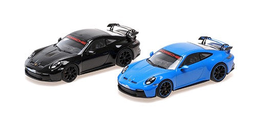 Laad de afbeelding in de Gallery-viewer, Porsche 911 (992) GT3 – 2021 - SET VOOR 2 AUTO&#39;S – BLAUW/ZWART - LIMITED EDITION - MINICHAMPS 1:43
