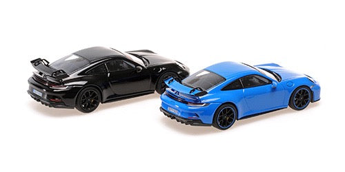 Laad de afbeelding in de Gallery-viewer, Porsche 911 (992) GT3 – 2021 - SET VOOR 2 AUTO&#39;S – BLAUW/ZWART - LIMITED EDITION - MINICHAMPS 1:43
