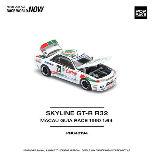 Skyline GT-R R32 #23 Macau Guia Race 1990 Winnaar Wit/Rood/Groen POP RACE 1:64